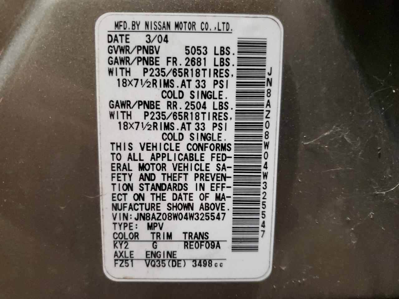 JN8AZ08W04W325547 2004 Nissan Murano Sl