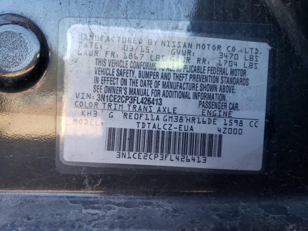 3N1CE2CP3FL426413 2015 Nissan Versa Note S