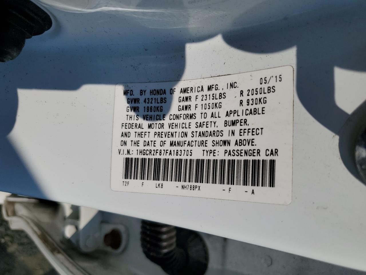 1HGCR2F87FA183705 2015 Honda Accord Exl