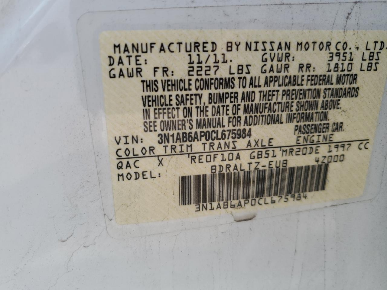 3N1AB6AP0CL675984 2012 Nissan Sentra 2.0