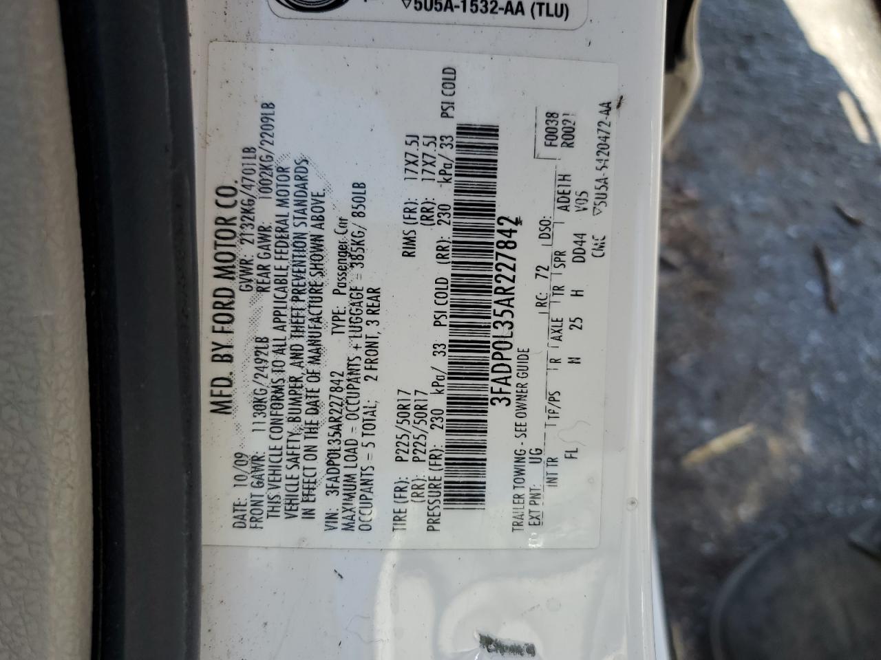 2010 Ford Fusion Hybrid VIN: 3FADP0L35AR227842 Lot: 70020984