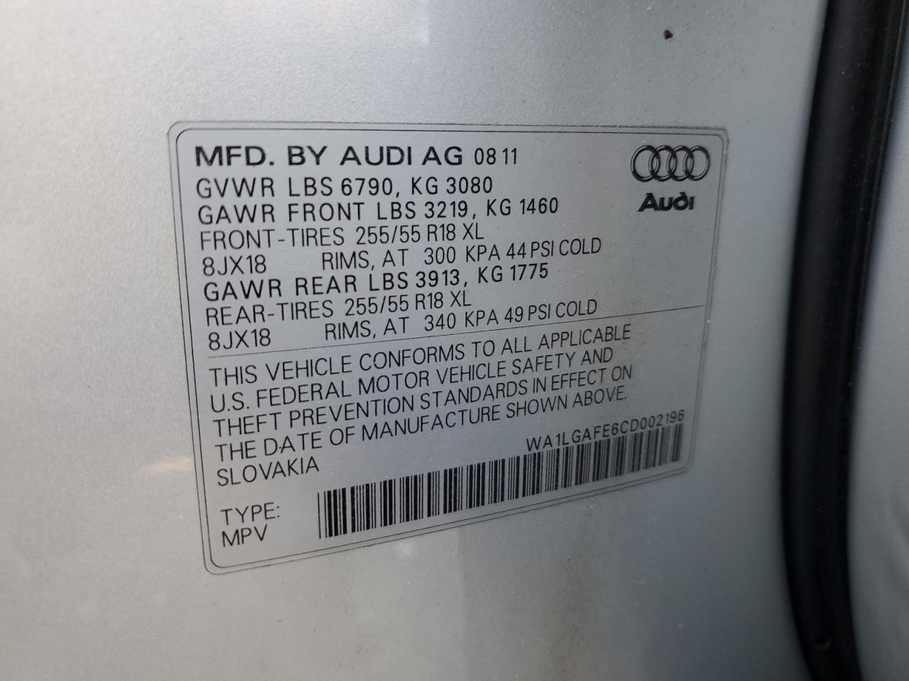 2012 Audi Q7 Premium Plus VIN: WA1LGAFE6CD002196 Lot: 70138964