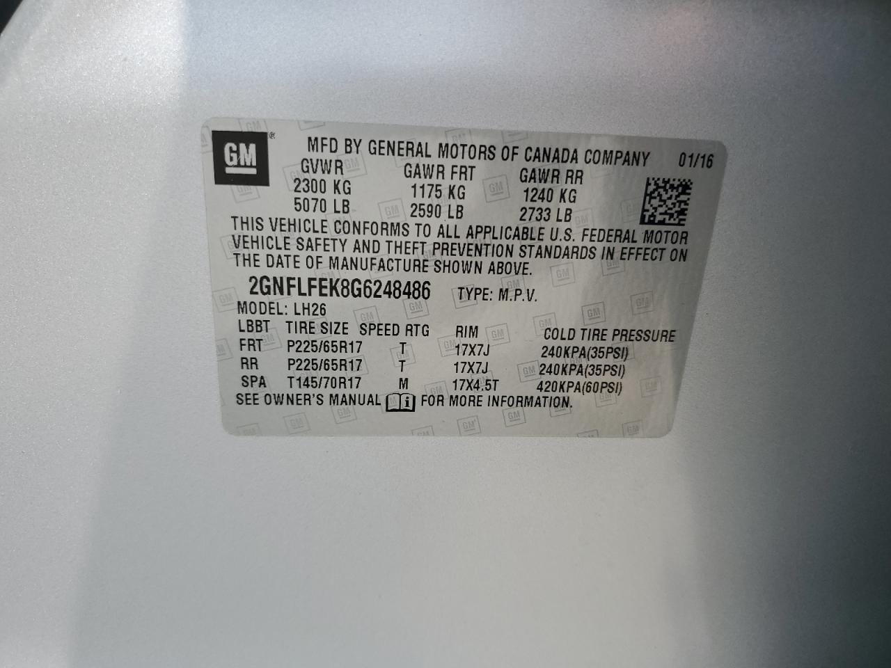 2GNFLFEK8G6248486 2016 Chevrolet Equinox Lt