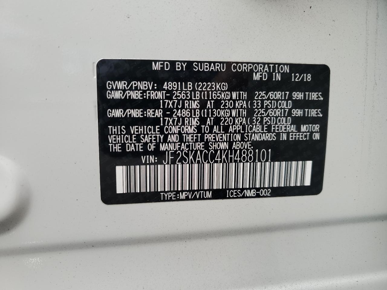 JF2SKACC4KH488101 2019 Subaru Forester