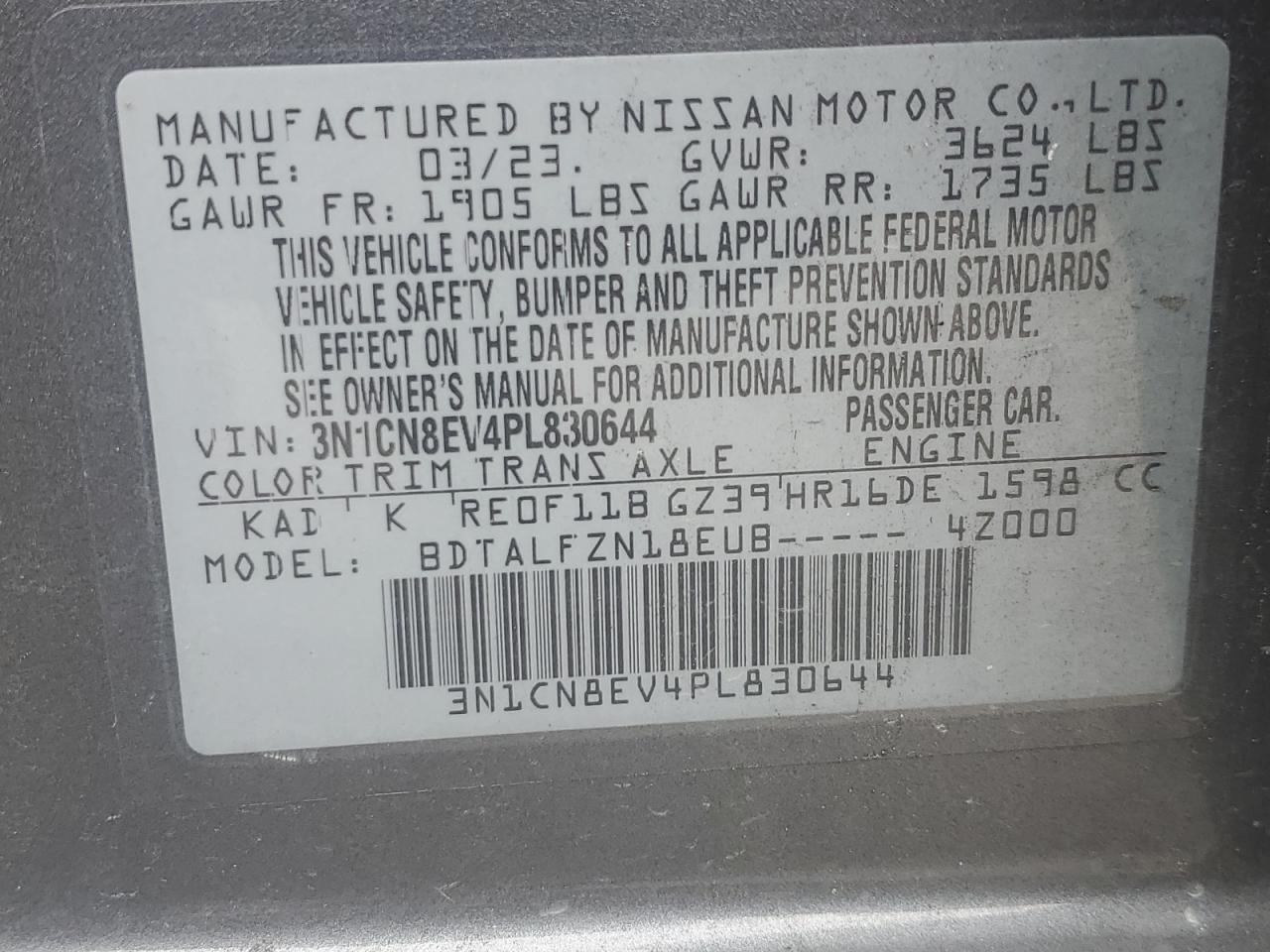 3N1CN8EV4PL830644 2023 Nissan Versa Sv