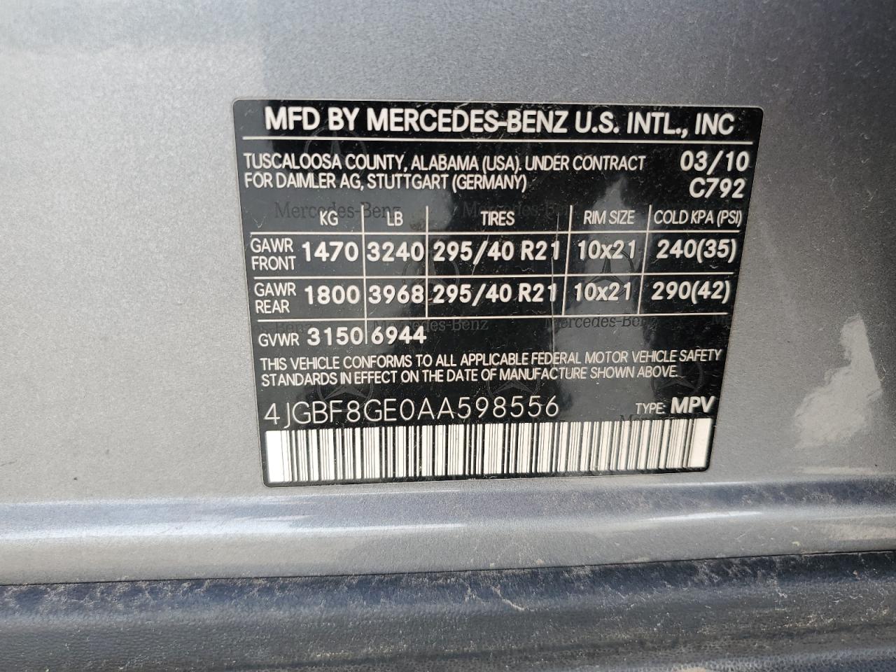 4JGBF8GE0AA598556 2010 Mercedes-Benz Gl 550 4Matic