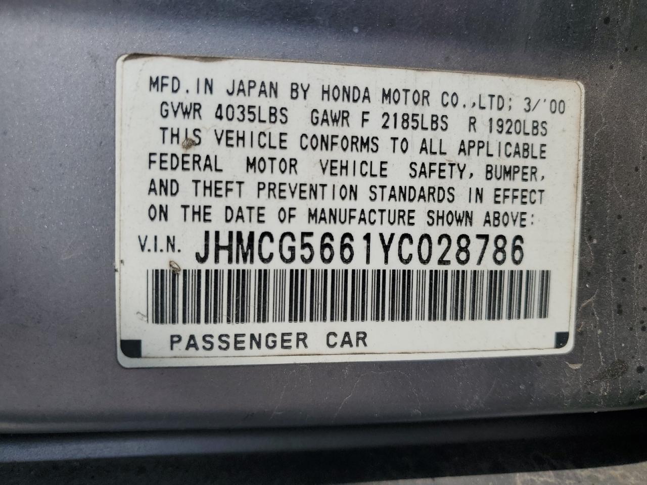 2000 Honda Accord Ex VIN: JHMCG5661YC028786 Lot: 72548734