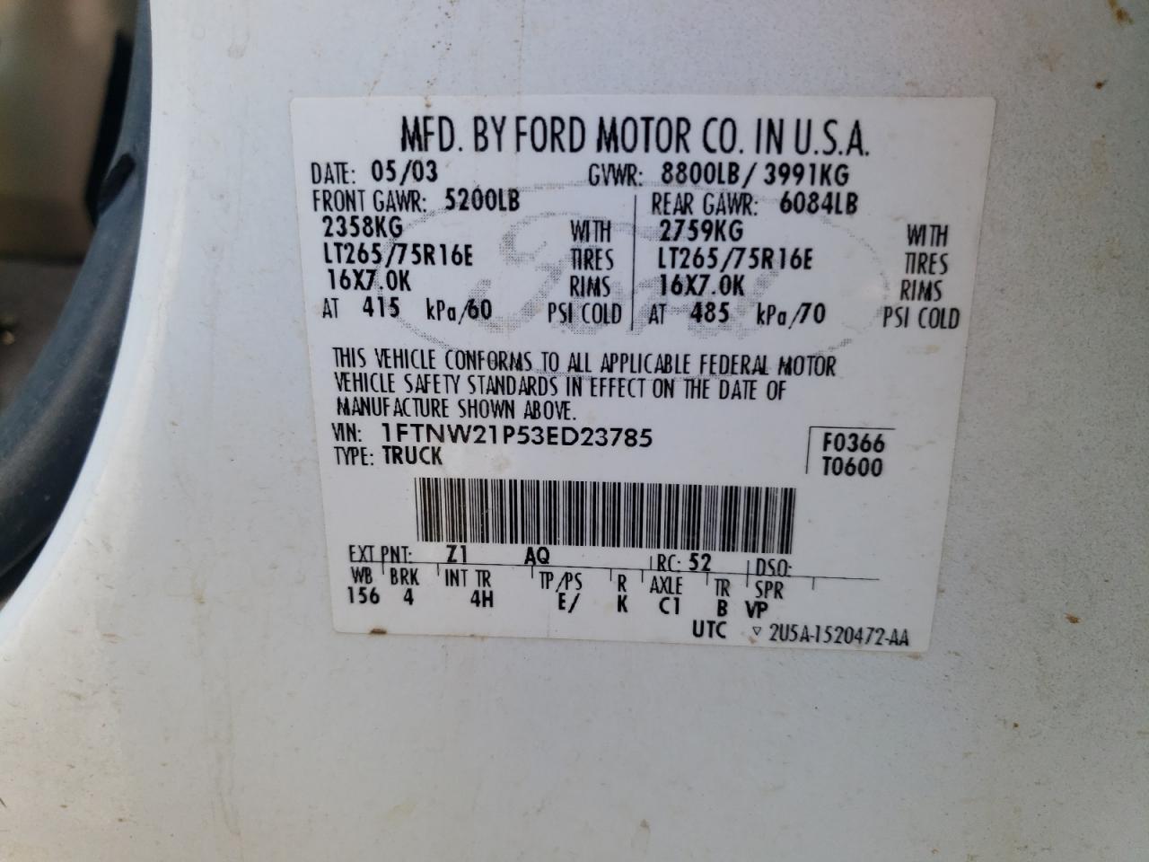 1FTNW21P53ED23785 2003 Ford F250 Super Duty