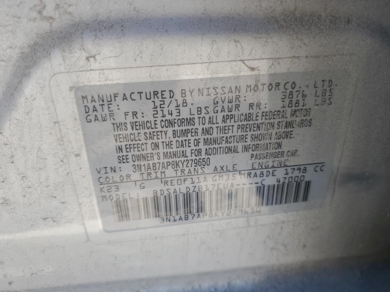 3N1AB7AP8KY279650 2019 Nissan Sentra S