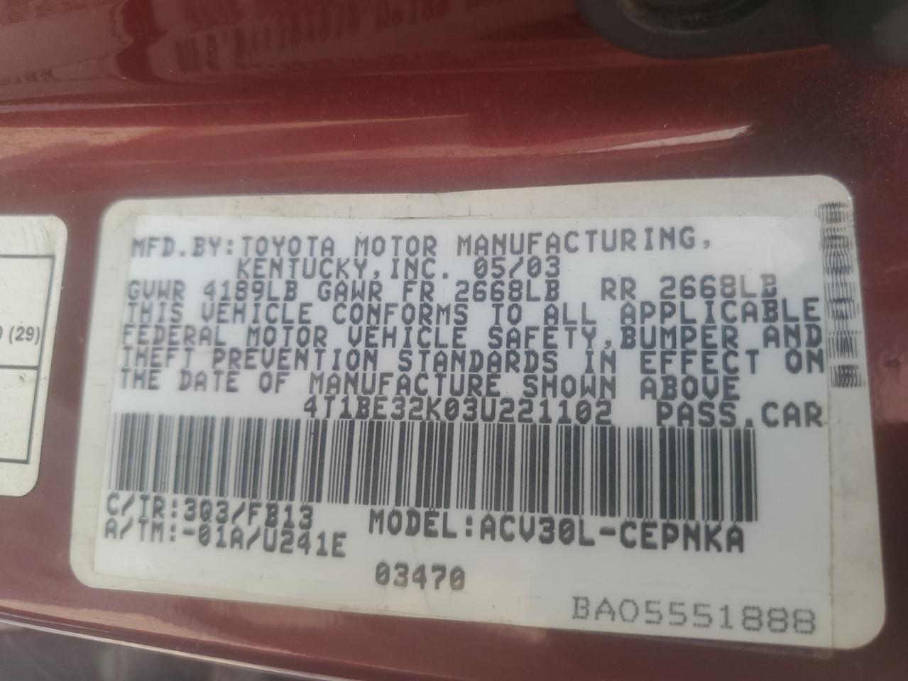 2003 Toyota Camry Le VIN: 4T1BE32K03U221102 Lot: 71104184