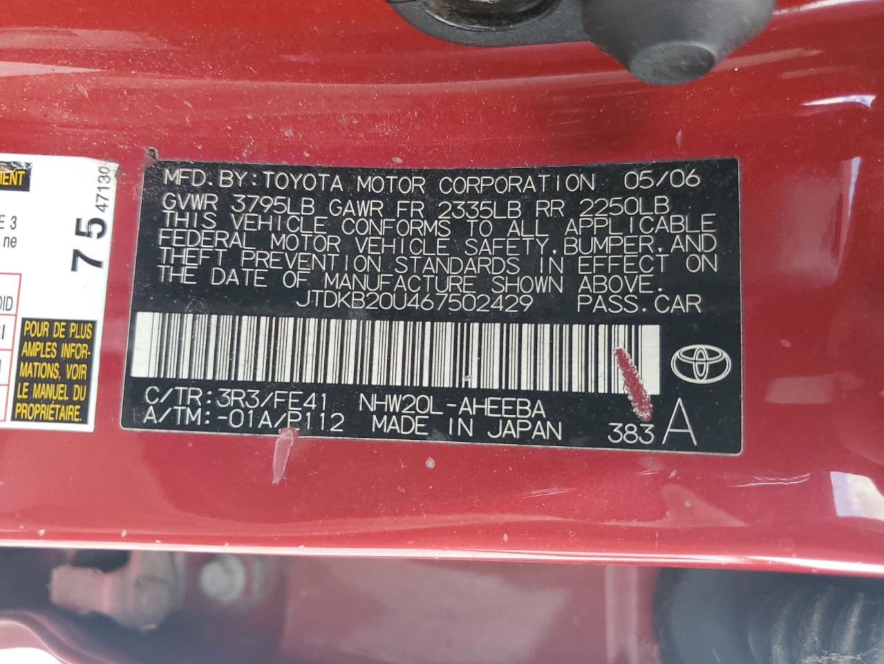 JTDKB20U467502429 2006 Toyota Prius