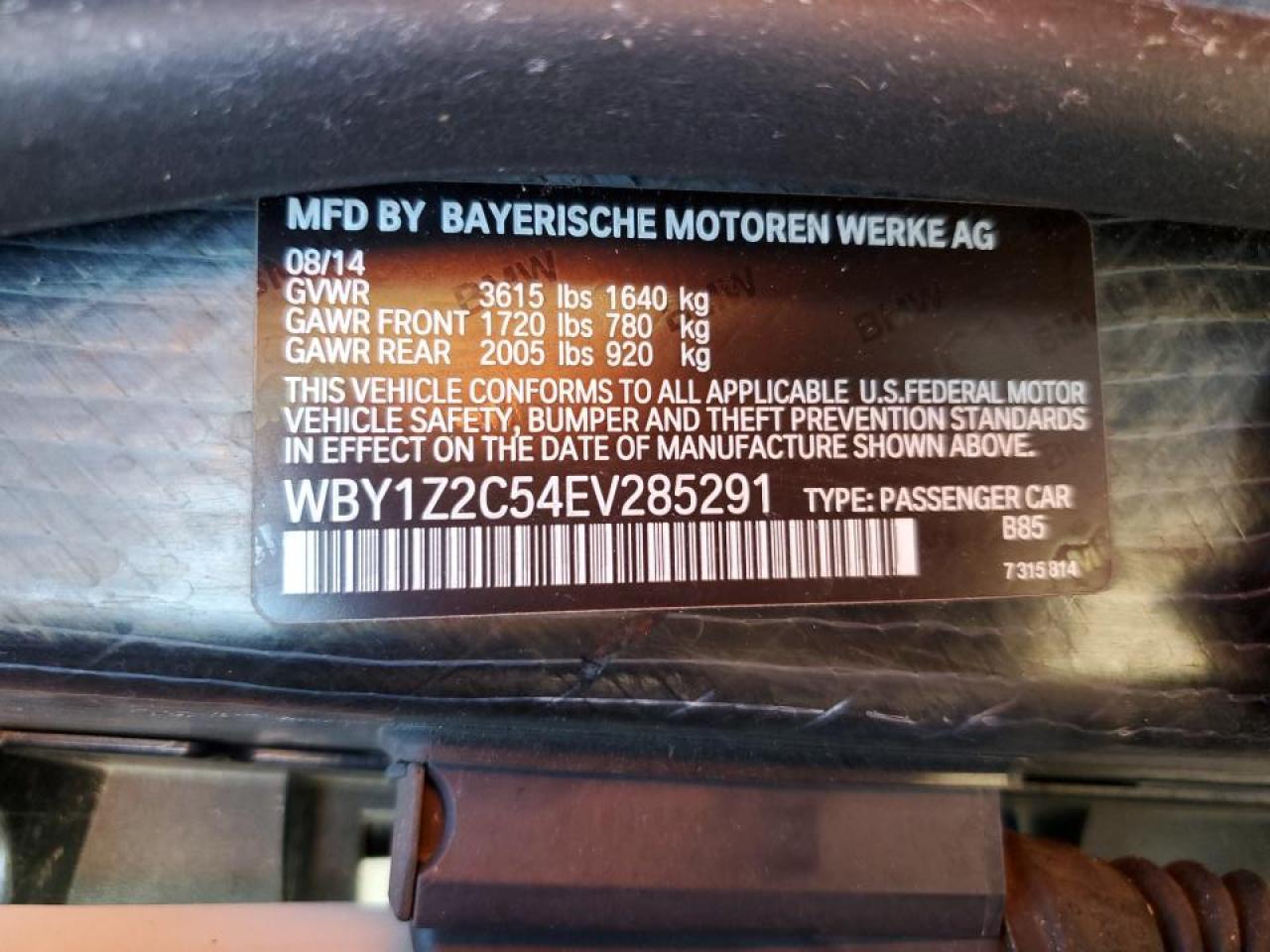 2014 BMW I3 Bev VIN: WBY1Z2C54EV285291 Lot: 72589044