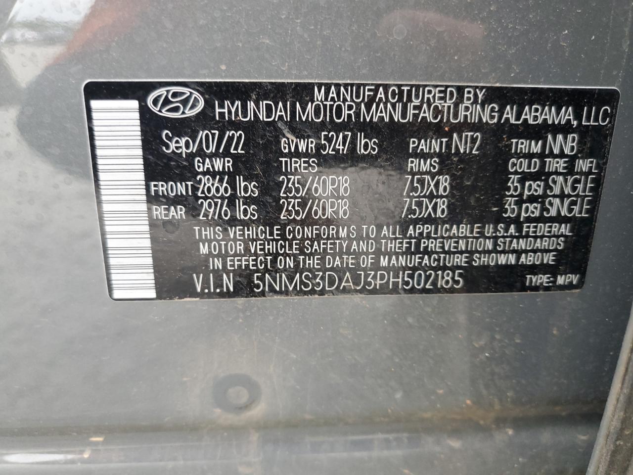 5NMS3DAJ3PH502185 2023 Hyundai Santa Fe Sel Premium