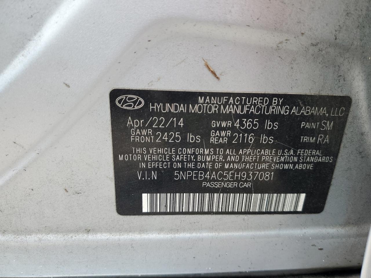 5NPEB4AC5EH937081 2014 Hyundai Sonata Gls