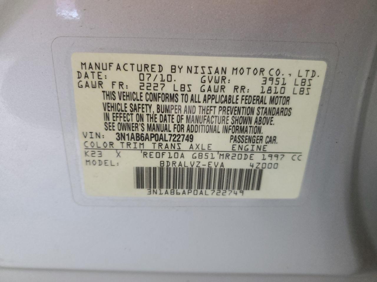 3N1AB6AP0AL722749 2010 Nissan Sentra 2.0