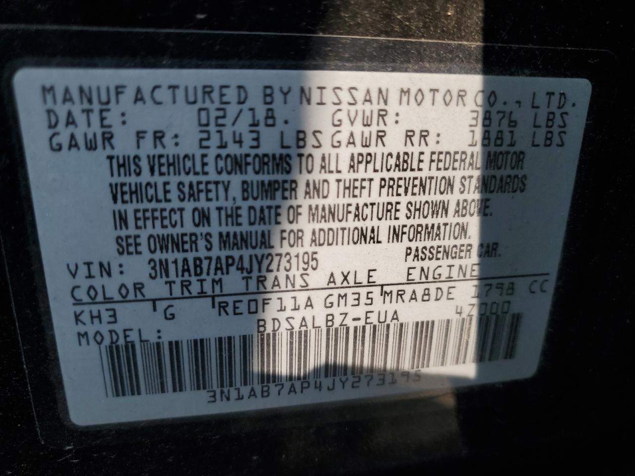 3N1AB7AP4JY273195 2018 Nissan Sentra S