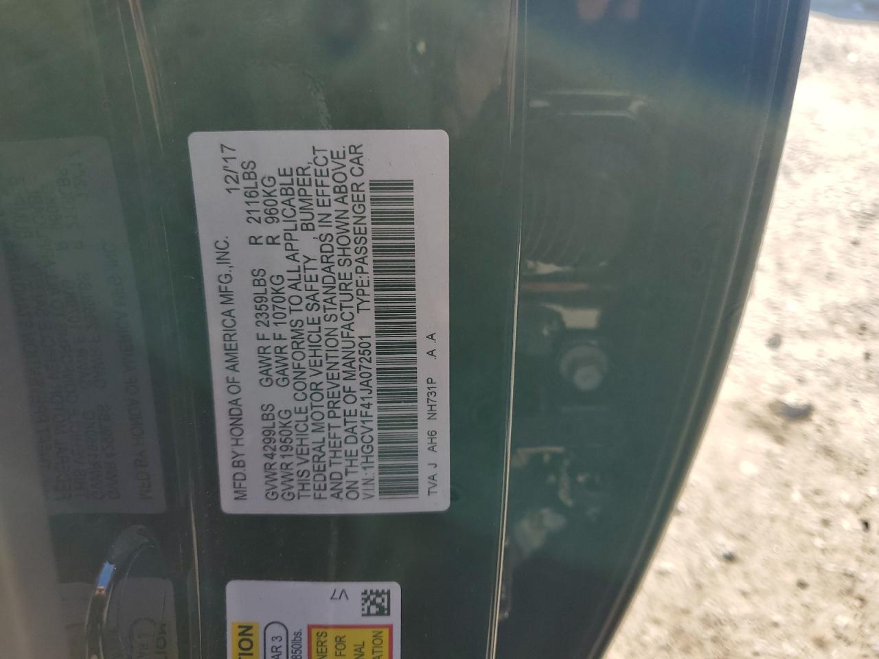 1HGCV1F41JA072501 2018 Honda Accord Ex