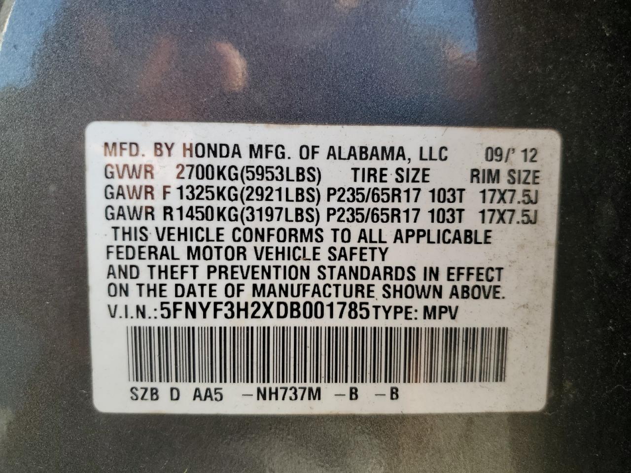 5FNYF3H2XDB001785 2013 Honda Pilot Lx