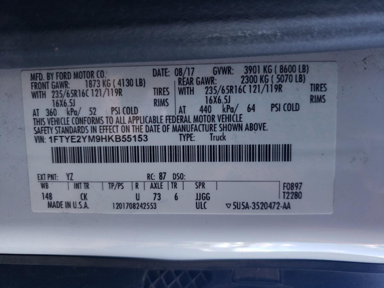 2017 Ford Transit T-150 VIN: 1FTYE2YM9HKB55153 Lot: 72797174