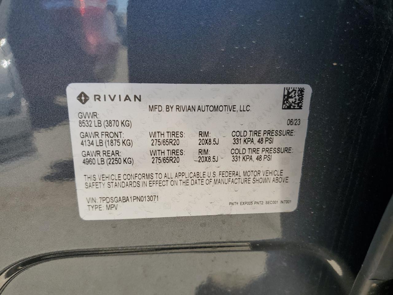 2023 Rivian R1S Adventure VIN: 7PDSGABA1PN013071 Lot: 73336254