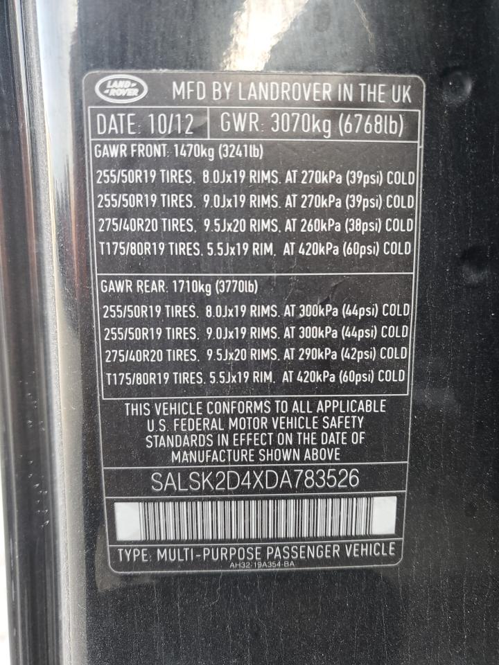 2013 Land Rover Range Rover Sport Hse Luxury VIN: SALSK2D4XDA783526 Lot: 70568514