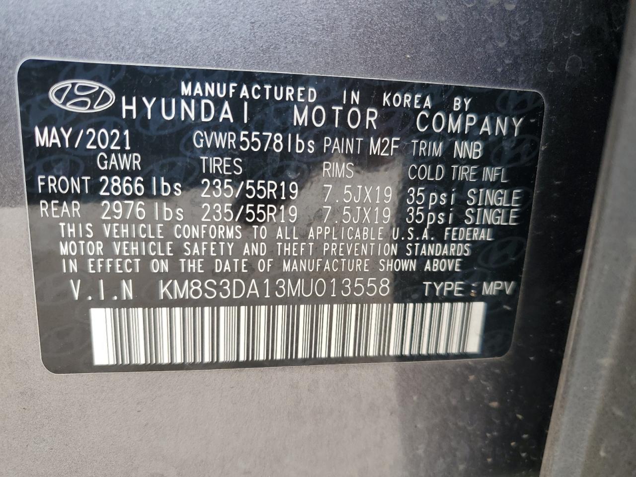 2021 Hyundai Santa Fe Sel Premium VIN: KM8S3DA13MU013558 Lot: 71398574