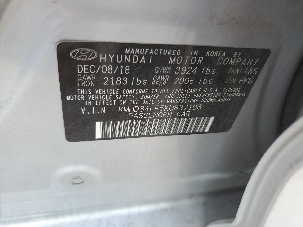 KMHD84LF5KU837108 2019 Hyundai Elantra Sel