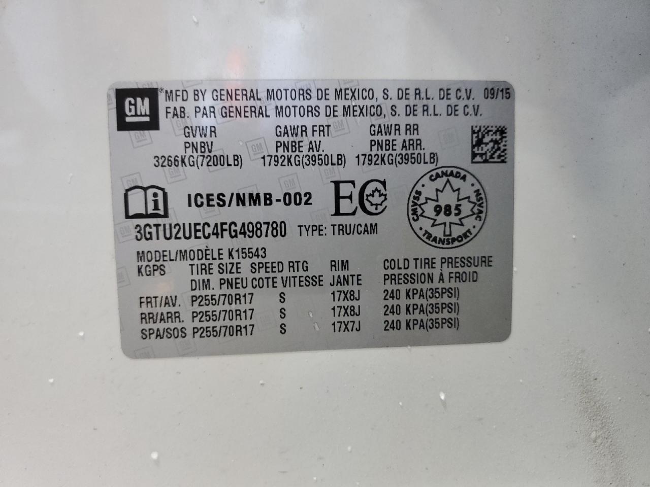 3GTU2UEC4FG498780 2015 GMC Sierra K1500 Sle