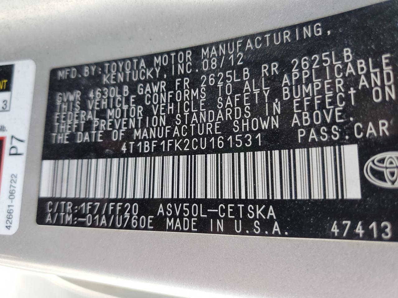 4T1BF1FK2CU161531 2012 Toyota Camry Base