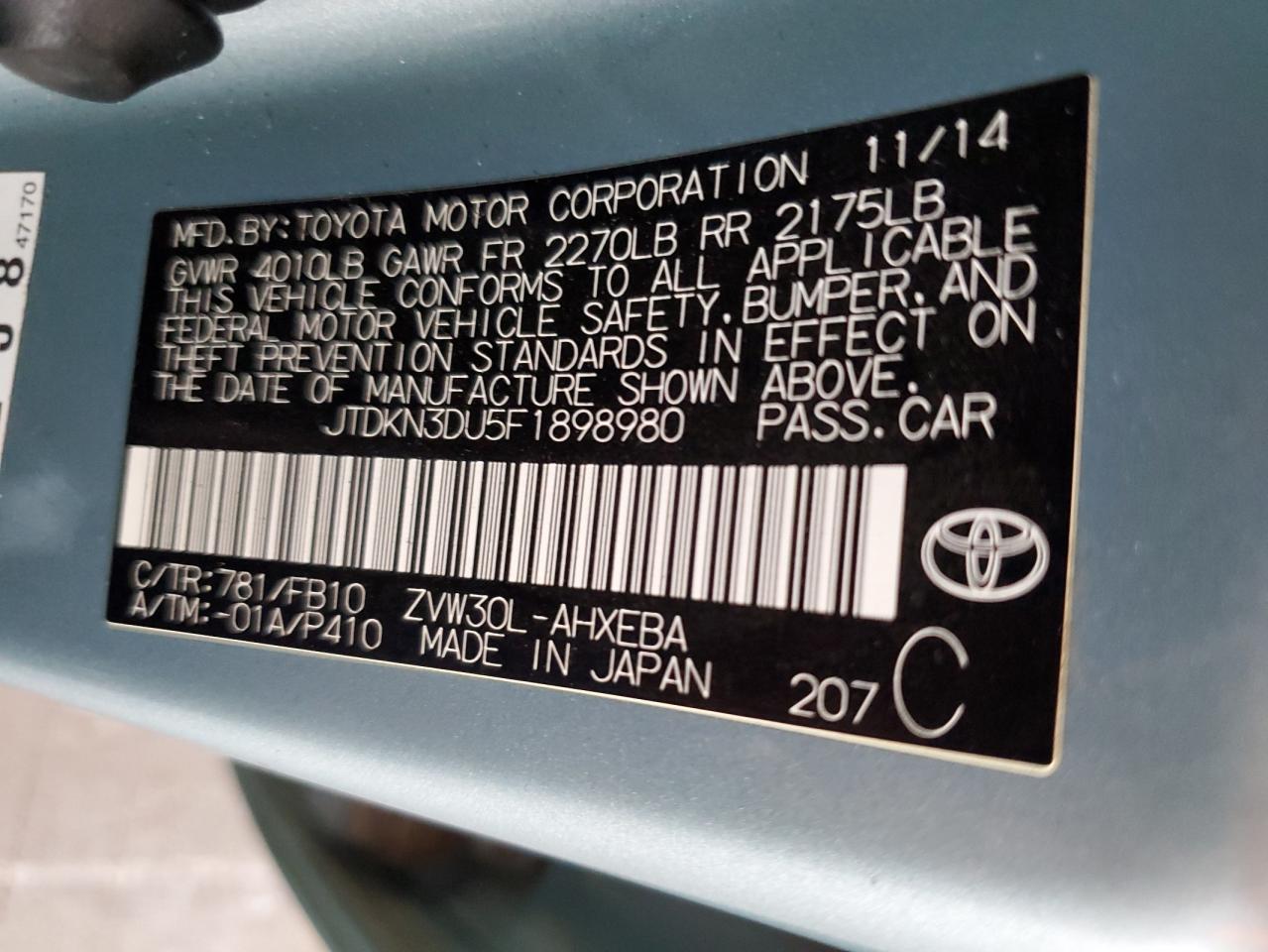 2015 Toyota Prius VIN: JTDKN3DU5F1898980 Lot: 72076224