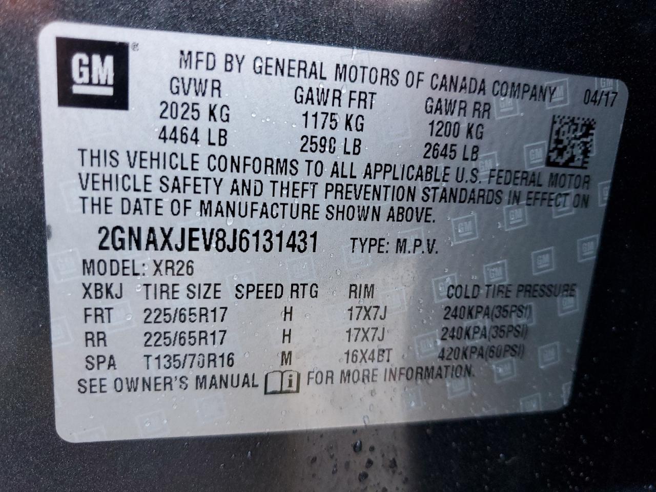 2GNAXJEV8J6131431 2018 Chevrolet Equinox Lt