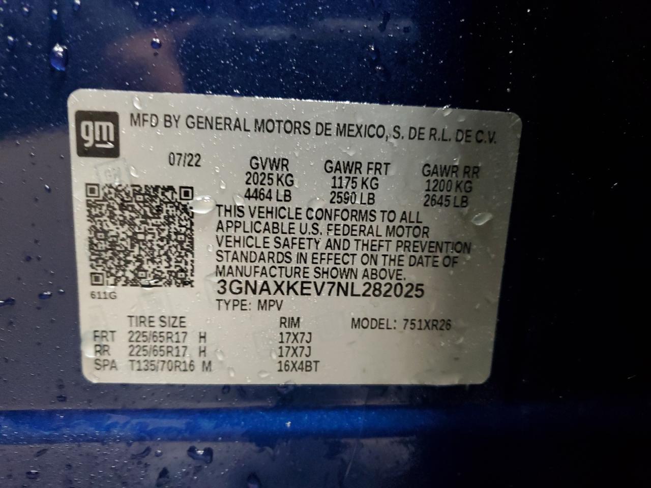 3GNAXKEV7NL282025 2022 Chevrolet Equinox Lt