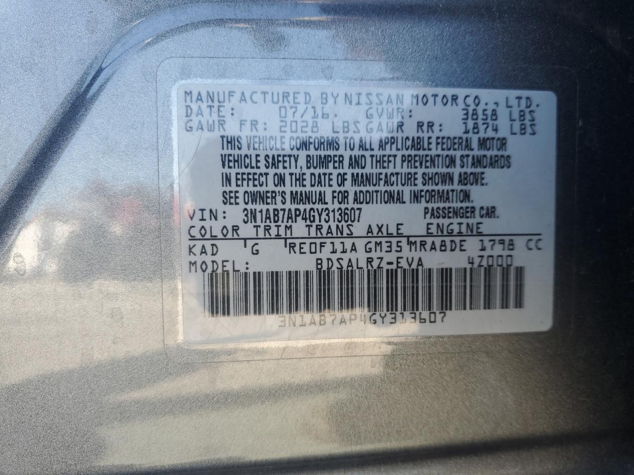 3N1AB7AP4GY313607 2016 Nissan Sentra S