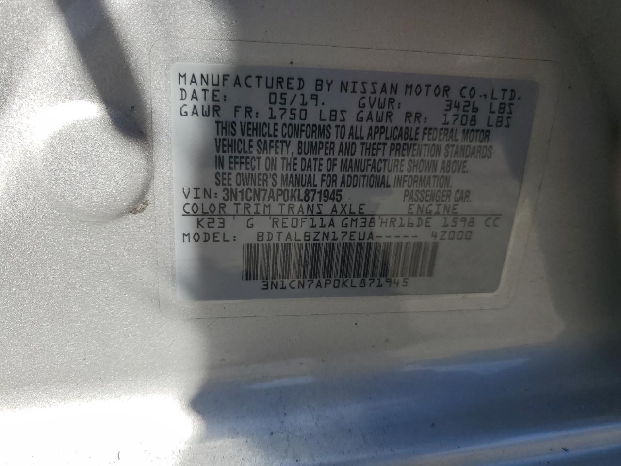 3N1CN7AP0KL871945 2019 Nissan Versa S