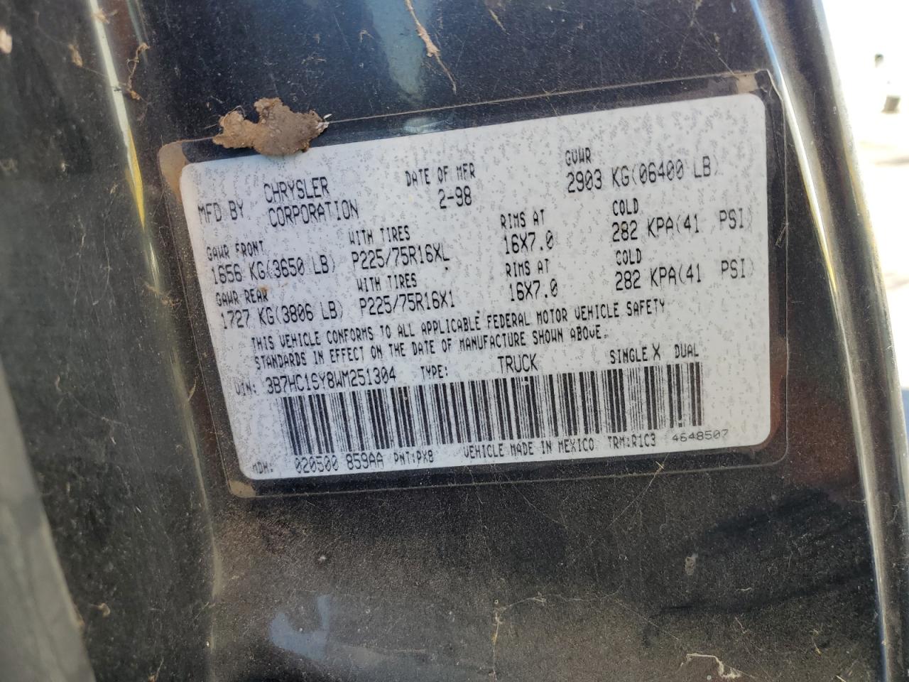 3B7HC16Y8WM251304 1998 Dodge Ram 1500