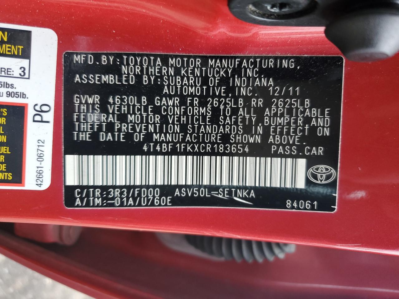 4T4BF1FKXCR183654 2012 Toyota Camry Base