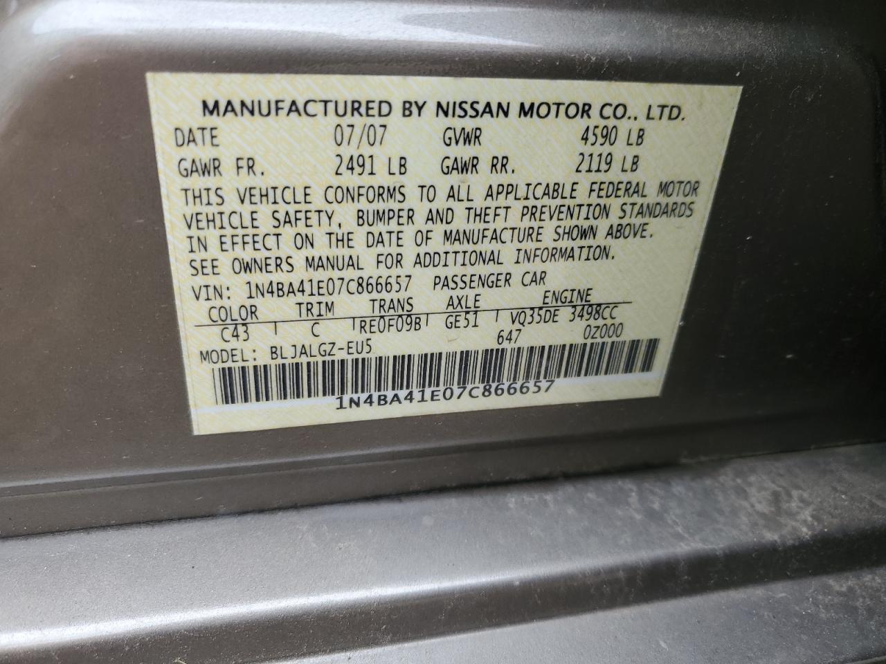 1N4BA41E07C866657 2007 Nissan Maxima Se