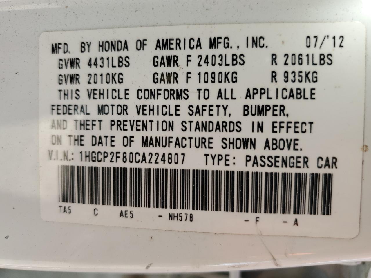 1HGCP2F80CA224807 2012 Honda Accord Exl