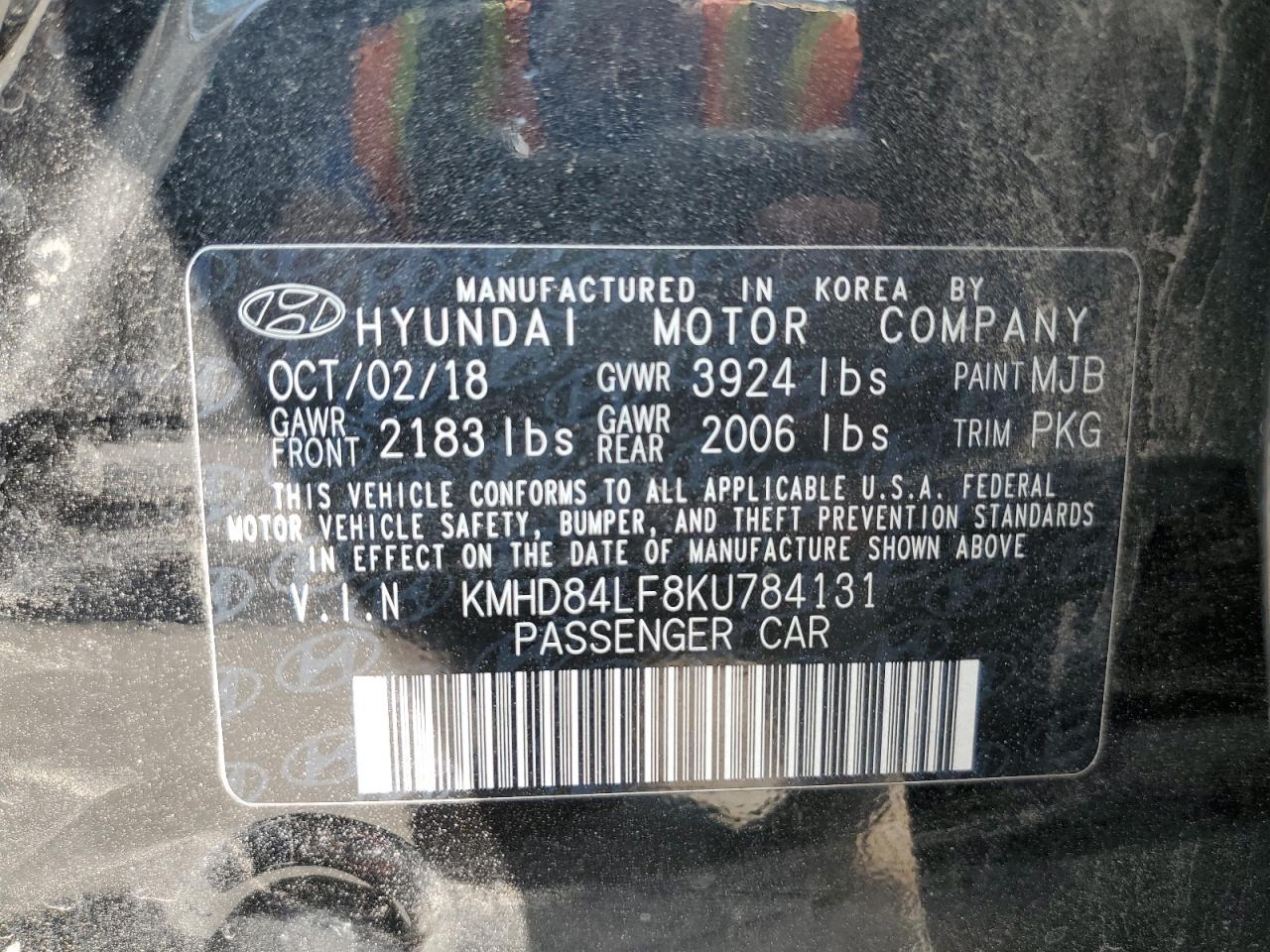 2019 Hyundai Elantra Sel VIN: KMHD84LF8KU784131 Lot: 71456164