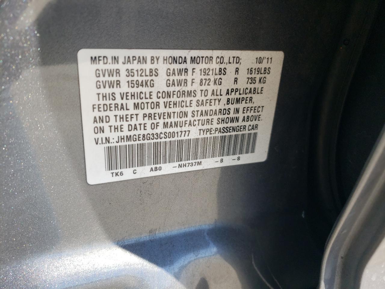 JHMGE8G33CS001777 2012 Honda Fit