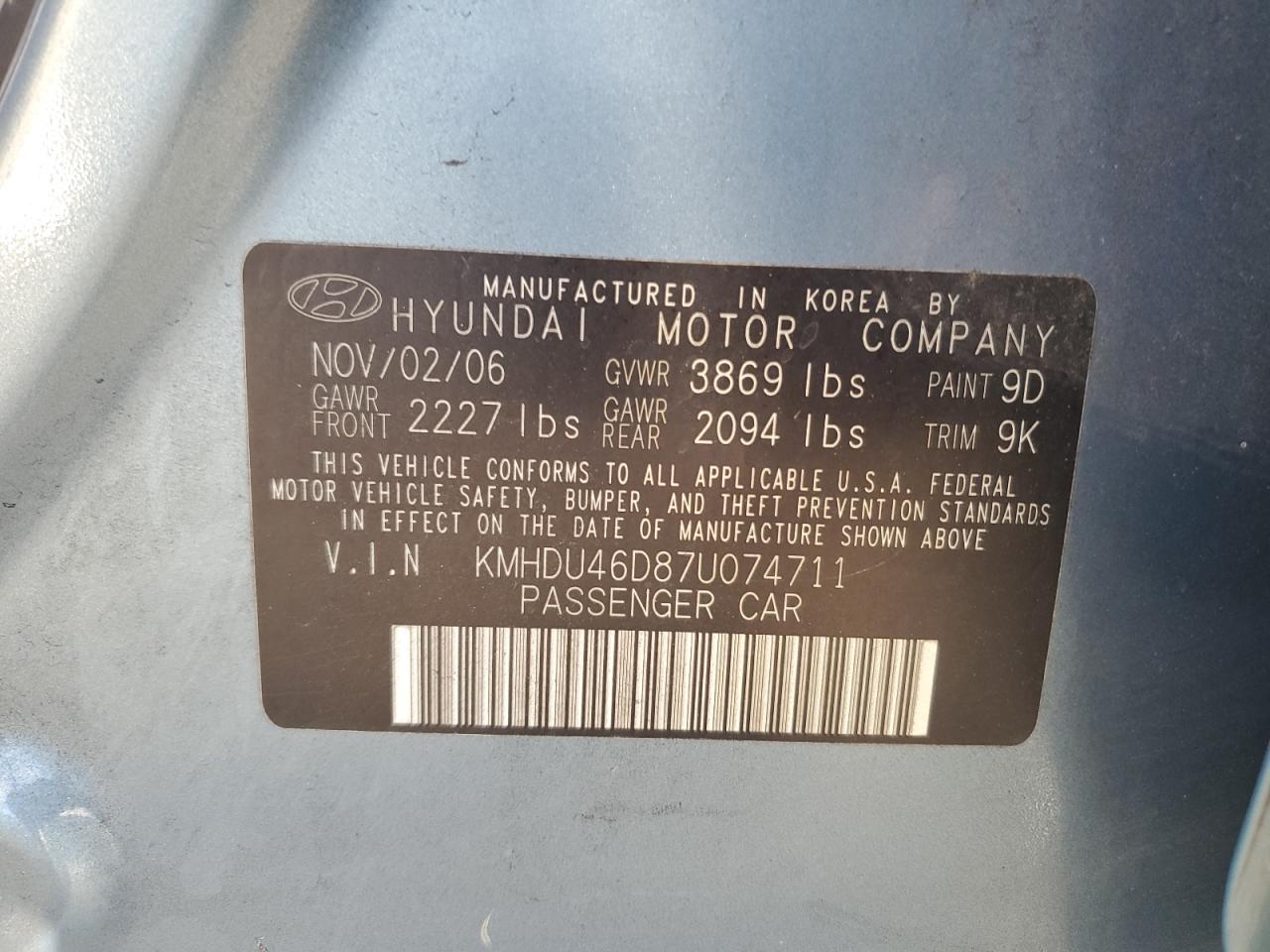 KMHDU46D87U074711 2007 Hyundai Elantra Gls