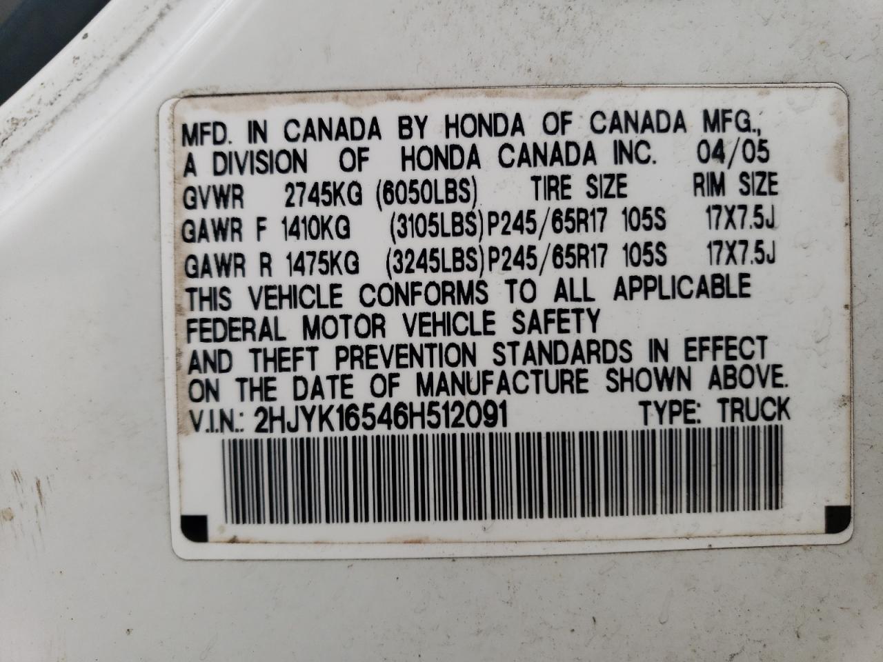 2HJYK16546H512091 2006 Honda Ridgeline Rtl 2HJYK16546H512091 2006 Honda Ridgeline Rtl