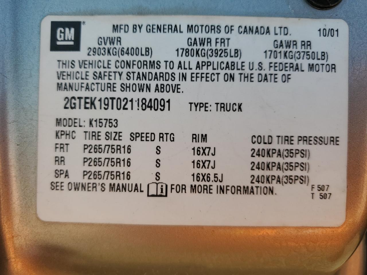 2GTEK19T021184091 2002 GMC New Sierra K1500