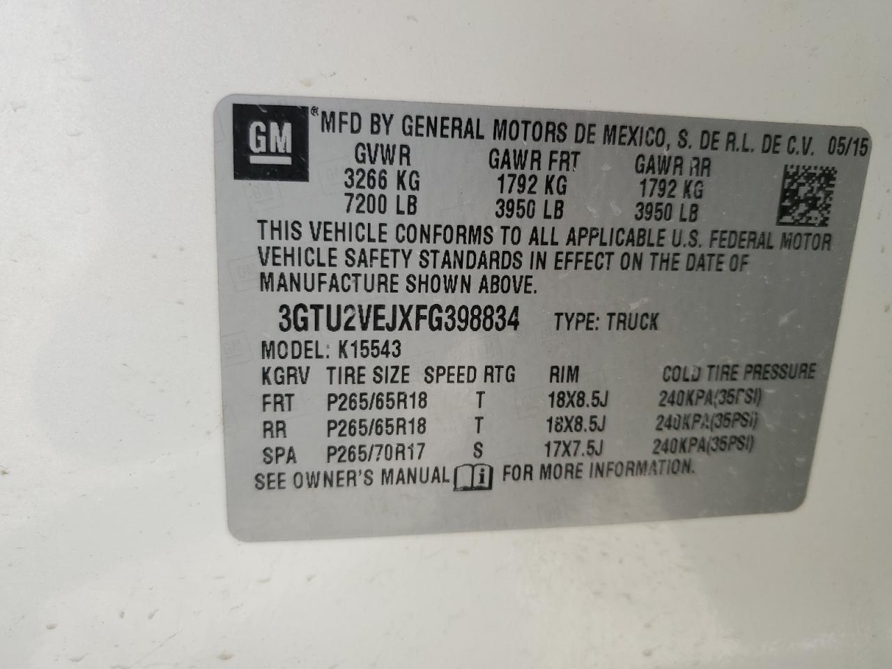 3GTU2VEJXFG398834 2015 GMC Sierra K1500 Slt