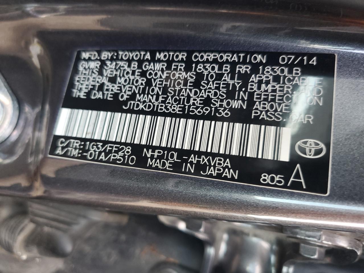 JTDKDTB38E1569136 2014 Toyota Prius C