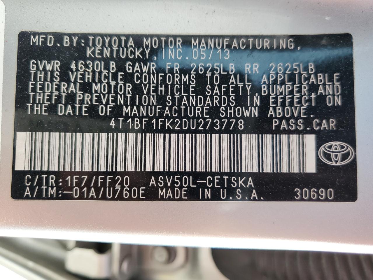 4T1BF1FK2DU273778 2013 Toyota Camry L