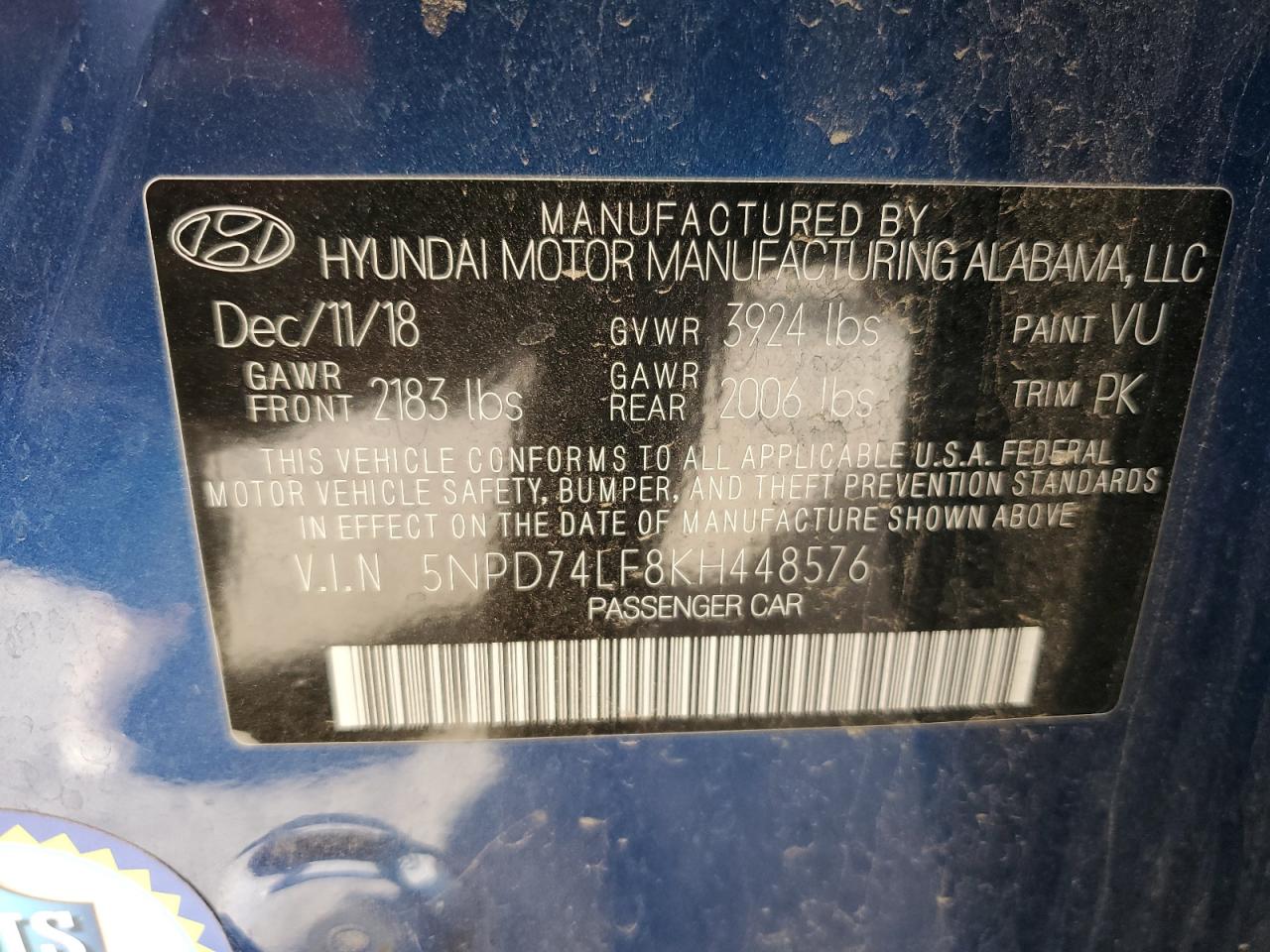 5NPD74LF8KH448576 2019 Hyundai Elantra Se