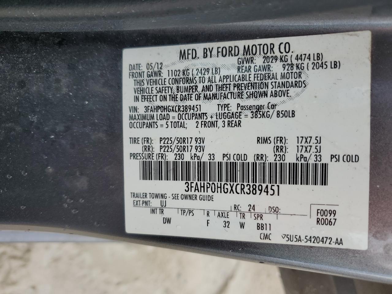 3FAHP0HGXCR389451 2012 Ford Fusion Se