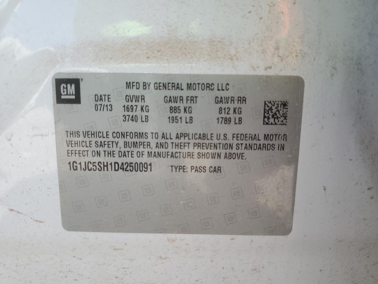 2013 Chevrolet Sonic Lt VIN: 1G1JC5SH1D4250091 Lot: 72597104