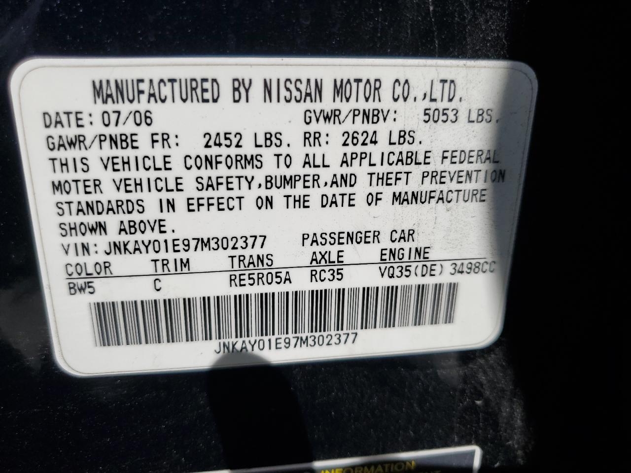 JNKAY01E97M302377 2007 Infiniti M35 Base